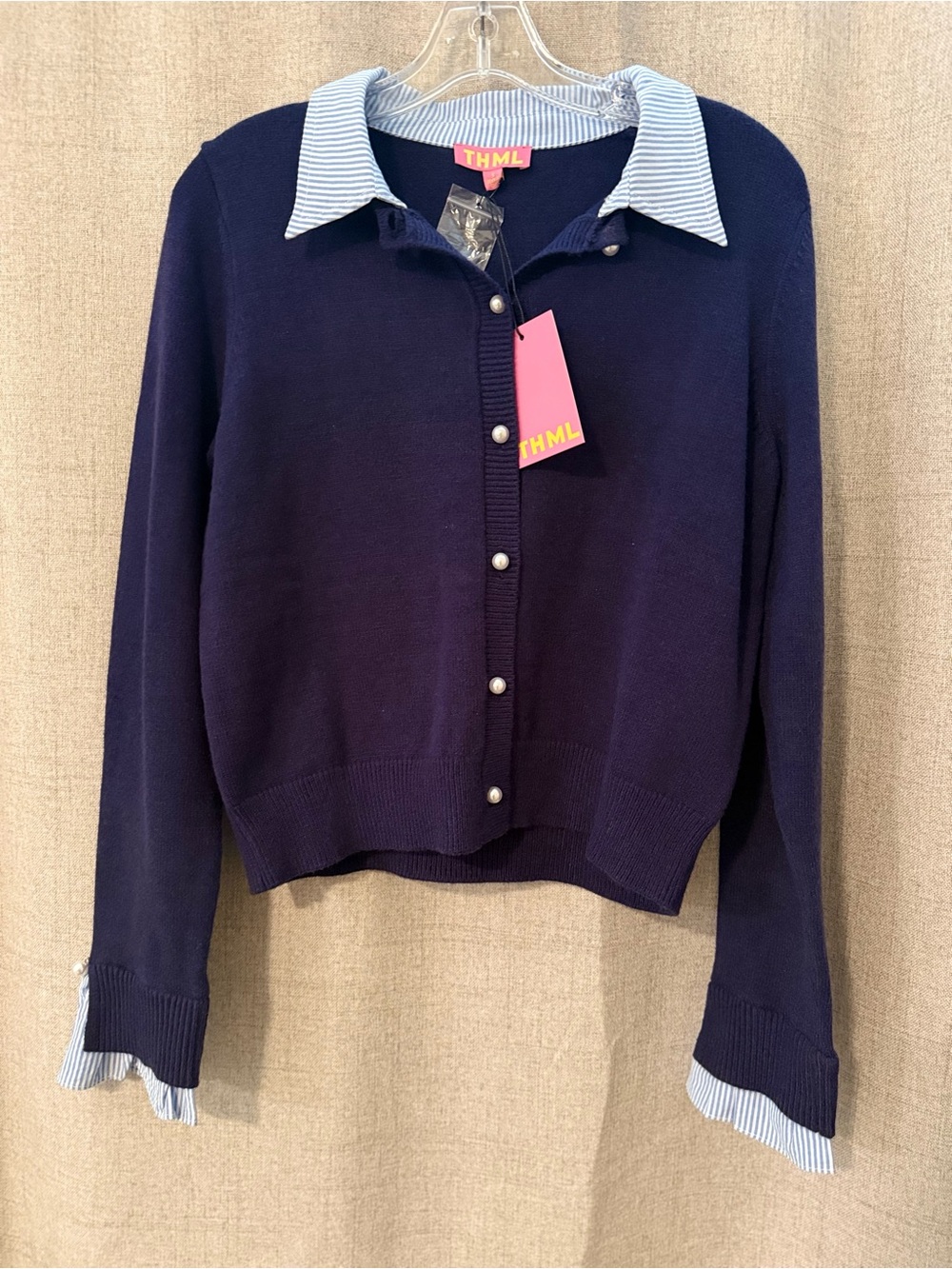 THML NWT Navy Cardigan Sweater with Striped Collar & Cuffs | S